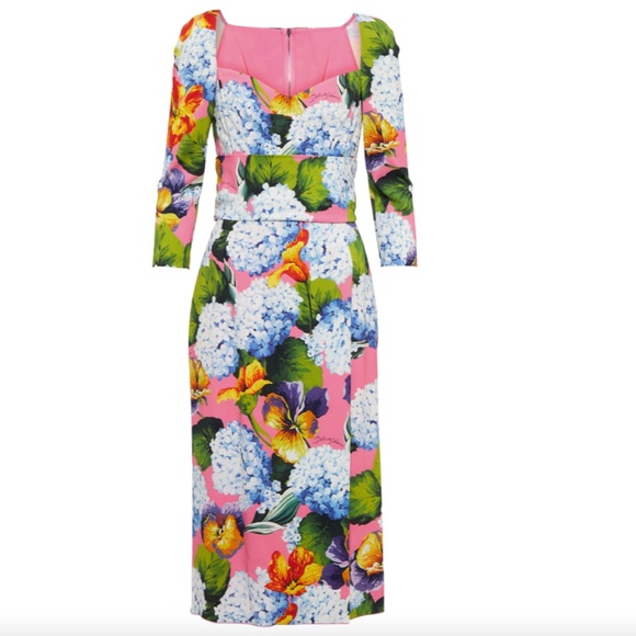 Hydrangea Print Long Sleeve Cady Midi Dress DOLCE&GABBANA - Picture 2 of 15